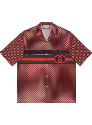 Gucci - Gucci Red Geometric Houndstooth Print Bowling Shirt