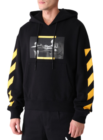 Off-White - BLACK YELLOW STRIPES DETAILED ANGEL PAINTING PRINTED COTTON HOODIE